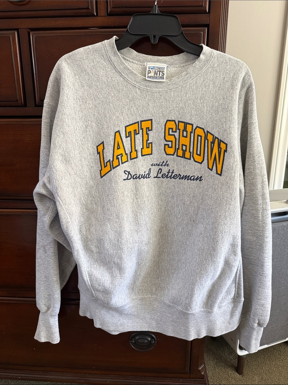 Gray 'Late Show' Crewneck Sweatshirt with Yellow Script